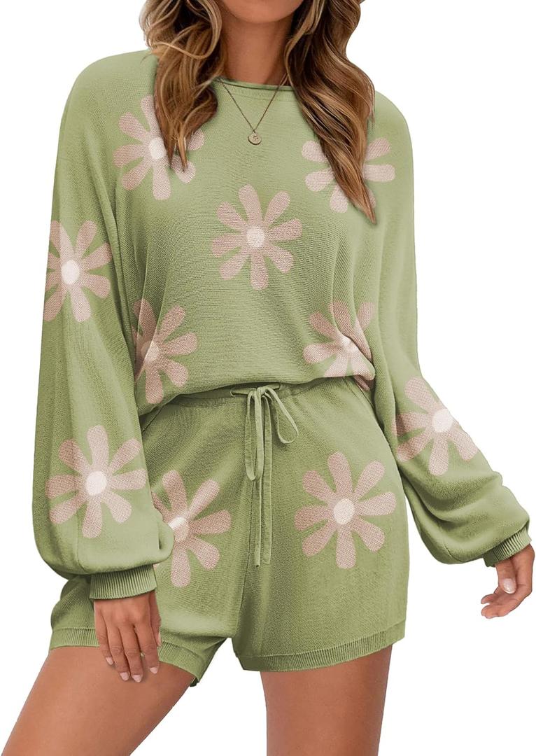 Ekouaer Knit Pajamas Set for Women Lounge Wear Sets Long Sleeve Sweatsuit Matching 2 Piece Outfits Casual Sweater Sets S-XXL (Medium, Floral Green)