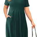 AUSELILY Women's Solid Plain Plus Size Round Neck Short Sleeve Pleated Swing Dress with Pockets Knee Length(L,Dark Green)