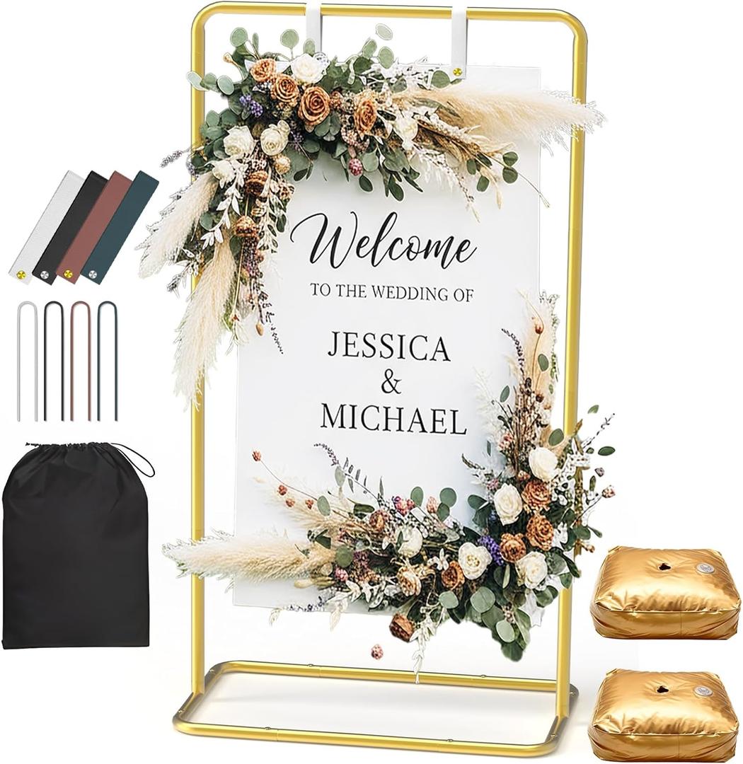 Wedding Welcome Sign Stand 68 x 31 x 20 Inch Adjustable Wedding Sign Holder with 8 Leather and Water Bags Heavy Duty Easel for Poster, Baby Bridal Shower, Bridal Shower, Seating Chart, Gold