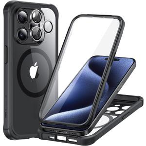 ESR for iPhone 15 Pro Case, Compatible with MagSafe, Full-Body Military-Grade Drop Proof Case for iPhone 15 Pro with Built-in 9H+ Tempered Glass Screen Protector, Clear Black
