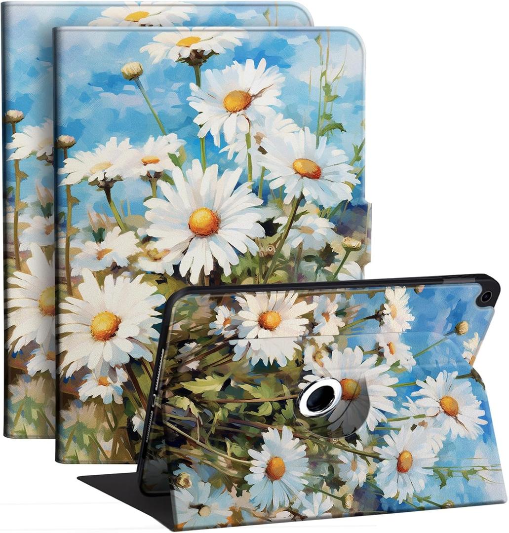 Case for iPad 10.2 Inch 9th Generation 2021/iPad 8th Generation 2020/iPad 7th Generation 2019, Rotating Degree Stand Cover with Auto Sleep/Wake for Apple iPad 9/8/7 Gen, White Daisy