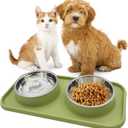 Double Dog Food Bowls Stainless Steel with No Spill Non Skid Silicone Mat Removable Dog Water and Food Bowls Set Durable Feeding for Small Dogs Puppy Cat Kitten(Green)