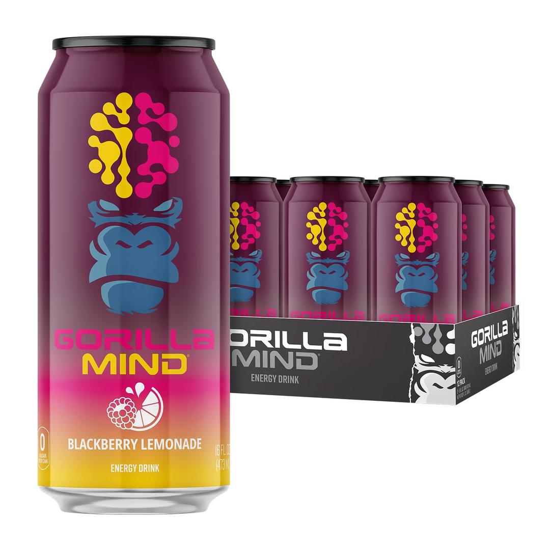 Gorilla Mind Energy Drink | Unmatched Energy Amplified Focus | N-Acetyl-L-Tyrosine, Alpha-GPC, 200mg Caffeine, Uridine, Saffron | 0 Sugar Or Artificial Colors | 16oz, 12-Pack (Blackberry Lemonade) (EXP 01/12/27)