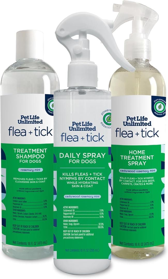 Pet Life Unlimited Natural Flea and Tick 3-Step Kit - Spray for Dogs, Spray for Home, and Shampoo for Dogs - Plant-Based - Made in USA
