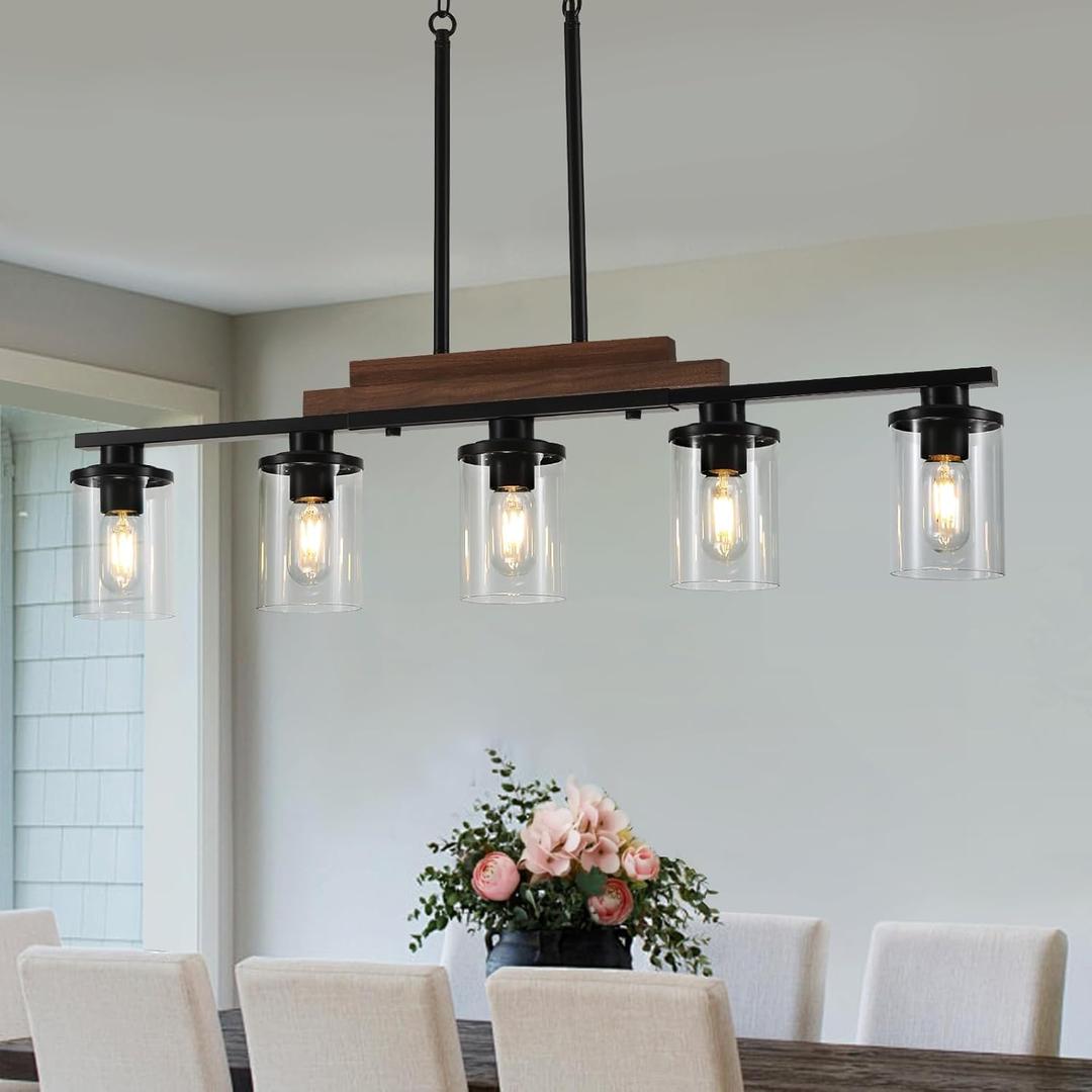5-Light Dining Room Light Fixture Over Table, Farmhouse Kitchen Island Lighting, Linear Chandelier with Clear Glass Shades, Modern Rustic Wood Chandelier with Adjustable Height (Black)