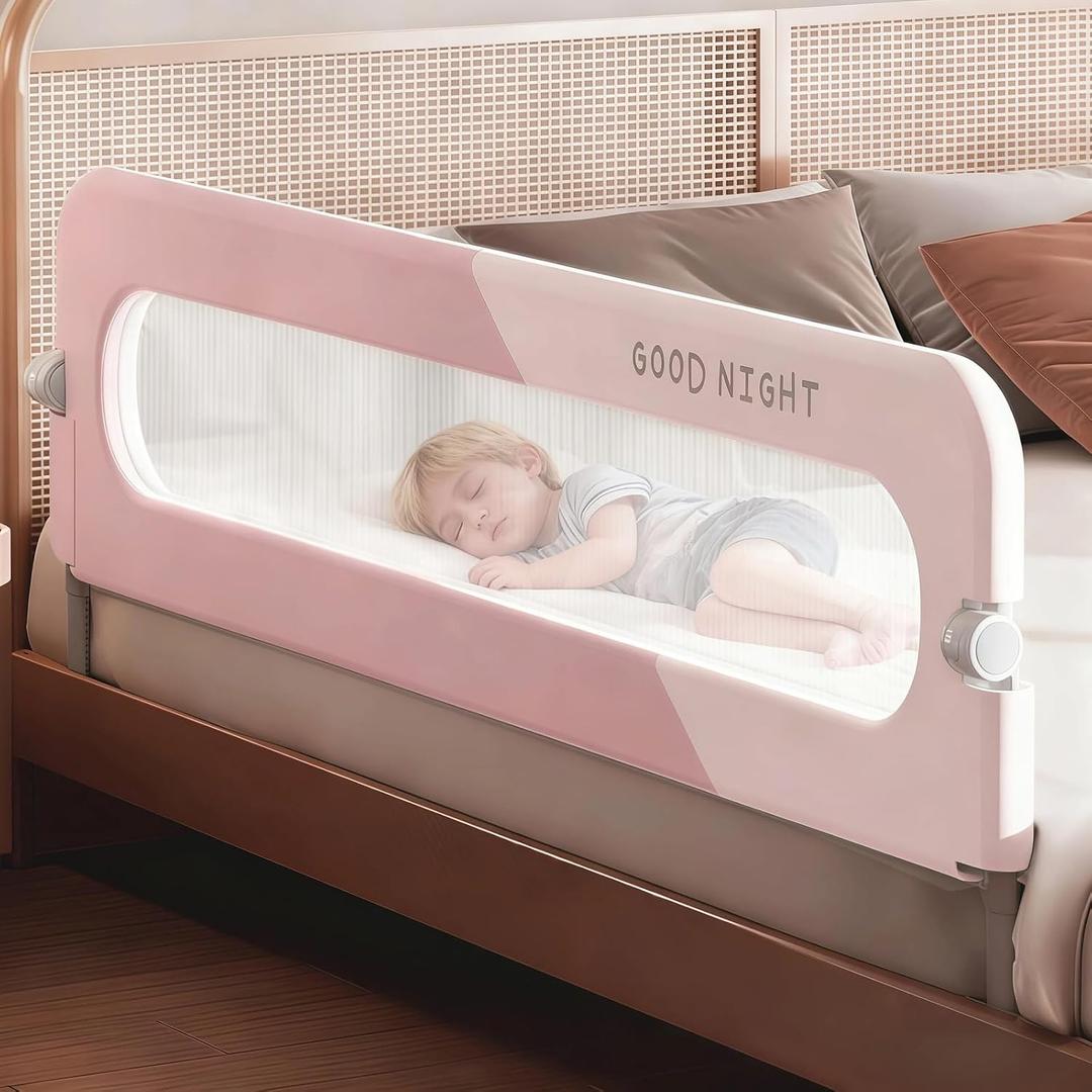Bed Rail for Toddlers, Foldable Baby Bed Rail Guard, Adjustable, Safety, Convenient, Guard Rails with Twin, Full, Queen& King Size (Pink Patchwork, 71inch), 1 Side:71inch