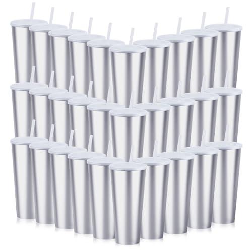 Ahongwenxi 30 Pack Silver Plastic Cups with Lids and Straws, 24 oz Disposable Plastic Tumblers Iced Coffee Cups Travel Mug Cup for Juices Birthday Bachelorette Party Wedding (Silver, 24 oz)