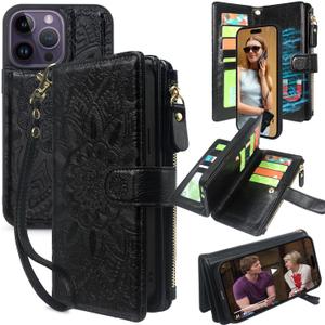 Harryshell Compatible with iPhone 13 Pro Max 6.7 inch 5G 2021 Wallet Case Detachable Magnetic Cover Zipper Cash Pocket Multi Card Slots Holder Wrist Strap Lanyard Floral Flower (Black)
