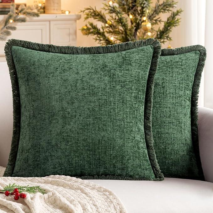 MIULEE Decorative Black Throw Pillow Covers 20x20 Inch Set of 2 Soft Cozy Boho Farmhouse Couch Pillow Covers with Tassels Chenille Accent Pillowcases for Spring Sofa Bed Living Room Home Decor Green