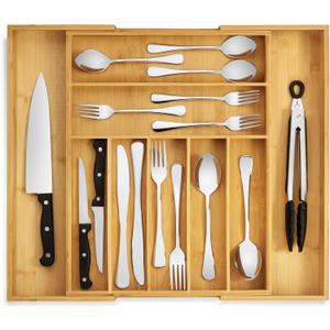 Purawood Bamboo Drawer Organizer - Expandable Silverware Organizer & Utensil Drawer Organizer, Cutlery Tray with Dividers, 7-9 Slots- Kitchen Organizer for Utensils & Flatware (Natural)