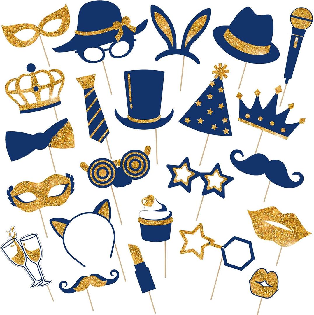 Zonon 24 Pcs Funny Photo Booth Props Class of 2026 Graduation Birthday Wedding Family Class Reunion Prom Disco Party Celebration Decoration Supplies Mix of Hats, Lipstick, Tie(Gold and Navy Blue)