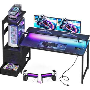 Casaottima 59 Inch Gaming Desk with USB Charging Ports & LED Light - Reversible Computer Desk with 3 Fabric Drawers, Monitor Stand, CPU Stand, Modern Office Desk, Pure Black
