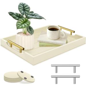 SXNOWS Ottoman Tray for Coffee Table & Couch, Large Wooden Serving Tray with 2 Set of Handles - Modern Farmhouse Rectangle Decorative Tray for Living Room Kitchen Includes 4 Coasters, Off-White/Cream
