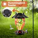 LUJII Solar Hummingbird Feeder for Outdoors Hanging with Color Changing, Hand Blown Glass Reservoir, 32 fl.oz, Never Leak, Lighted Lantern for Garden Decor, Unique Gift for Bird Lover (Red)