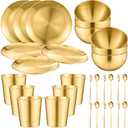 Jinei 30 Pcs 304 Stainless Steel Dinner Set Stainless Steel Plates and Bowls Include Plates Bowls Cups Forks Spoons Utensil Reusable Metal Camping Dinnerware Tableware for Home Picnic Kitchen (Gold)