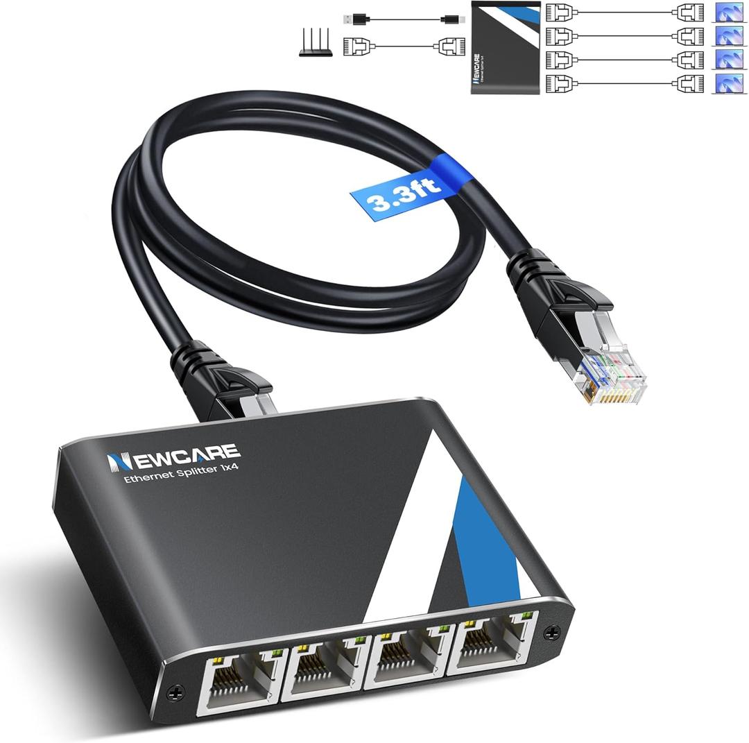 NEWCARE Gigabit Ethernet Splitter 1 to 4 with 3.3ft LAN Cable, 1000Mbps High Speed 1 in 4 Out RJ45 Multi Port Internet Splitter for Cat5e/6/7/8, 4 Devices Simultaneously Networking, Plug & Play