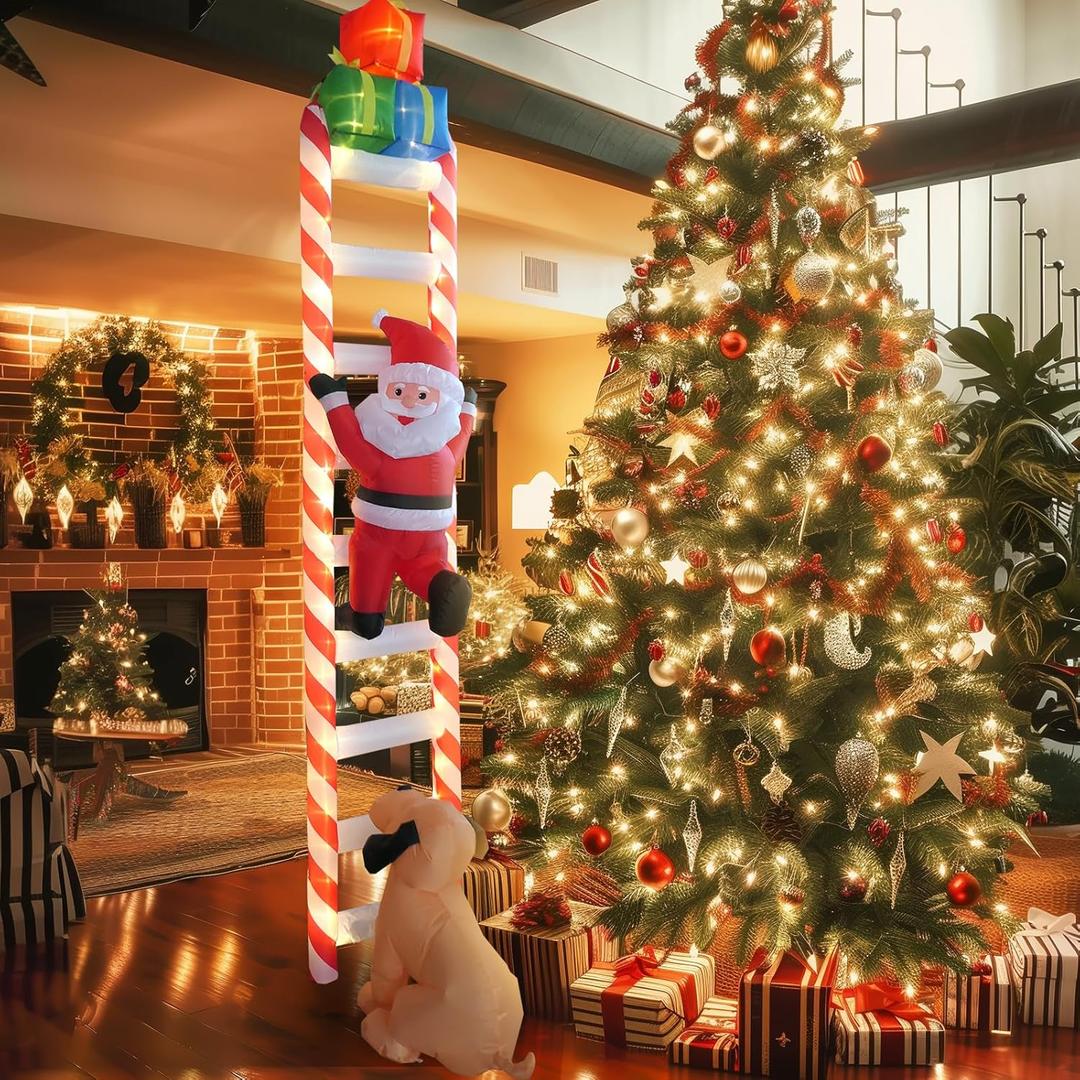 9 FT Hanging Christmas Inflatables Decorations with Led Light, Santa Claus Chased by A Dog Climbing Ladder, Funny Blow up Christmas Ornaments, Xmas Holiday Decor for Party Outdoor Yard Porch Roof