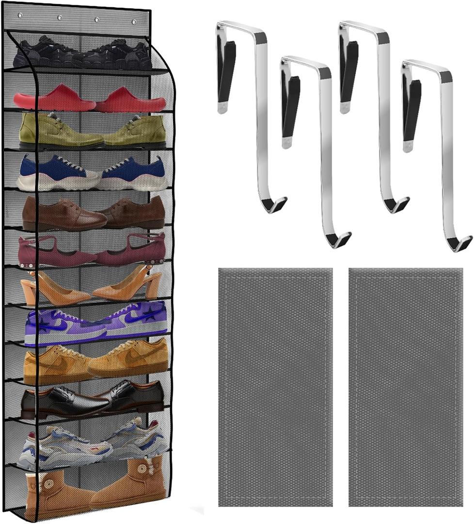 PAULONE 12 Pocket Over the Door Shoe Organizer,Reusable Breathable Large Mesh Bag Men's & Women's Sneaker Organizer,Shoe Organizer for Kids,Hanging Shoe Storage Hanging Bag (Grey)