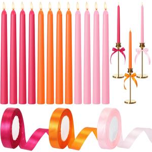 12 Pcs Pink and Orange Party Taper Candles with 3 Roll Ribbon 10 Inch Candle, Candlestick Decor for Baby Shower, Home, Thanksgiving, Wedding, Fall, Valentine's Day Dinner Party Decor
