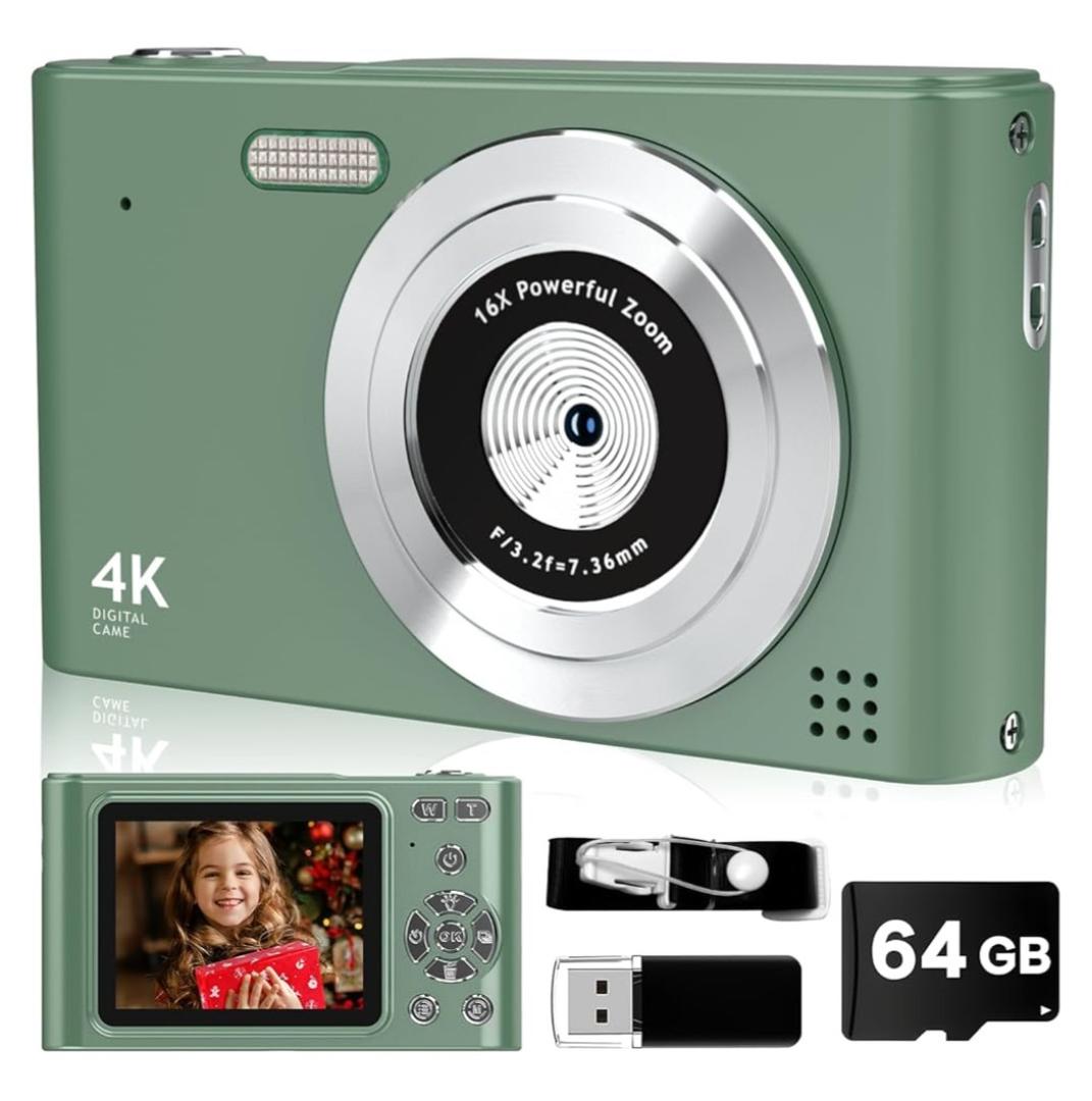 Digital Camera, 44MP Full HD 1080P Point and Shoot Camera with 64GB Card, Anti Shake 16X Zoom Compact Volg Cameras, Portable Small Camara Gift for Kids, Ages Teen Girl Boy - Green