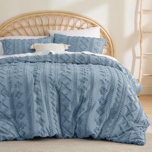 Bedsure Boho Duvet Cover King Size - Tufted King Duvet Cover Set for All Seasons, 3 Pieces Soft Shabby Chic Embroidery Boho Bedding, Comforter Not Included (Dusty Blue, 104" x 90") (King (104" x 90"), 04 - Dusty Blue - Elegant (No Comforter))