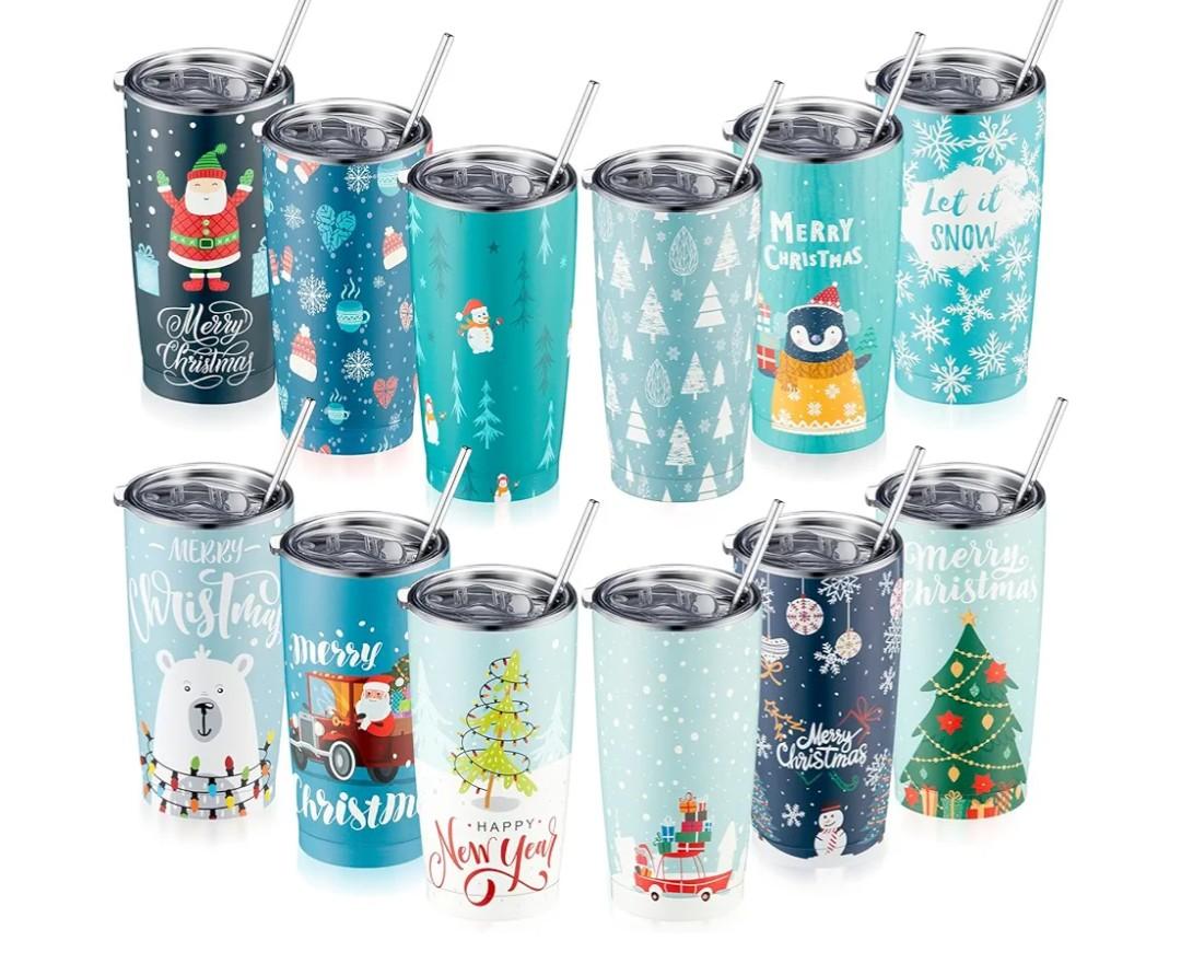 12-Pack 20oz Christmas Tumblers Bulk, Christmas Travel Mugs, Stainless Steel Insulated Water Bottle Cups with Lids & Straws for Xmas Holiday Families Coworkers Teachers Friends, Individually Packed