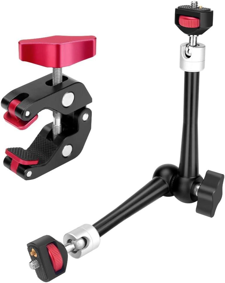 HEMMOTOP 11in Magic Arm Camera Mount Clamp, Max. Payload 5.5 LBS Articulating Arm with Anti-Twist Pins, Rotatable Pads, Adjustable Friction Arm for Monitor, LED Light, Camera Video Rig MS02