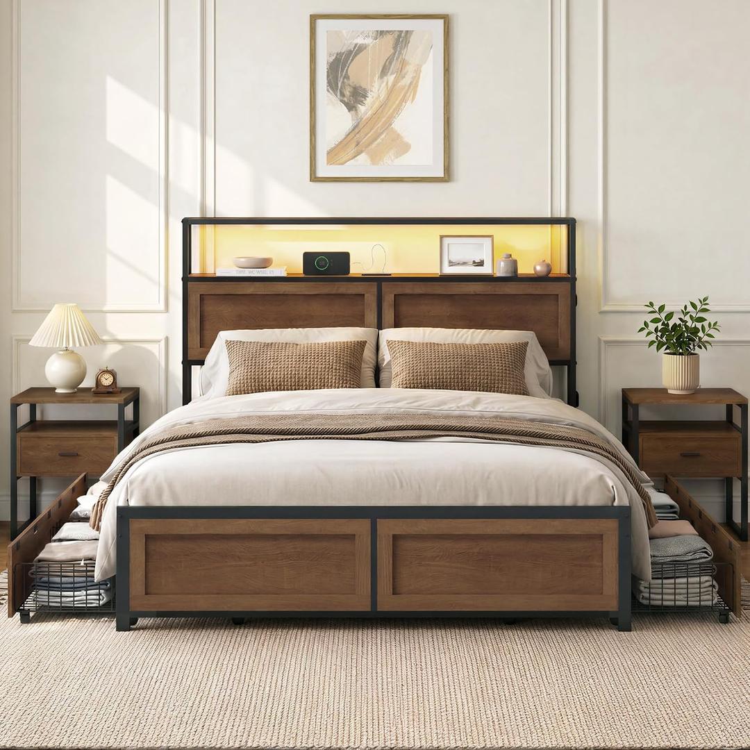 KISLOT 3PCS Bedroom Set with Storage, Industrial Bed Frame, Walnut, Queen