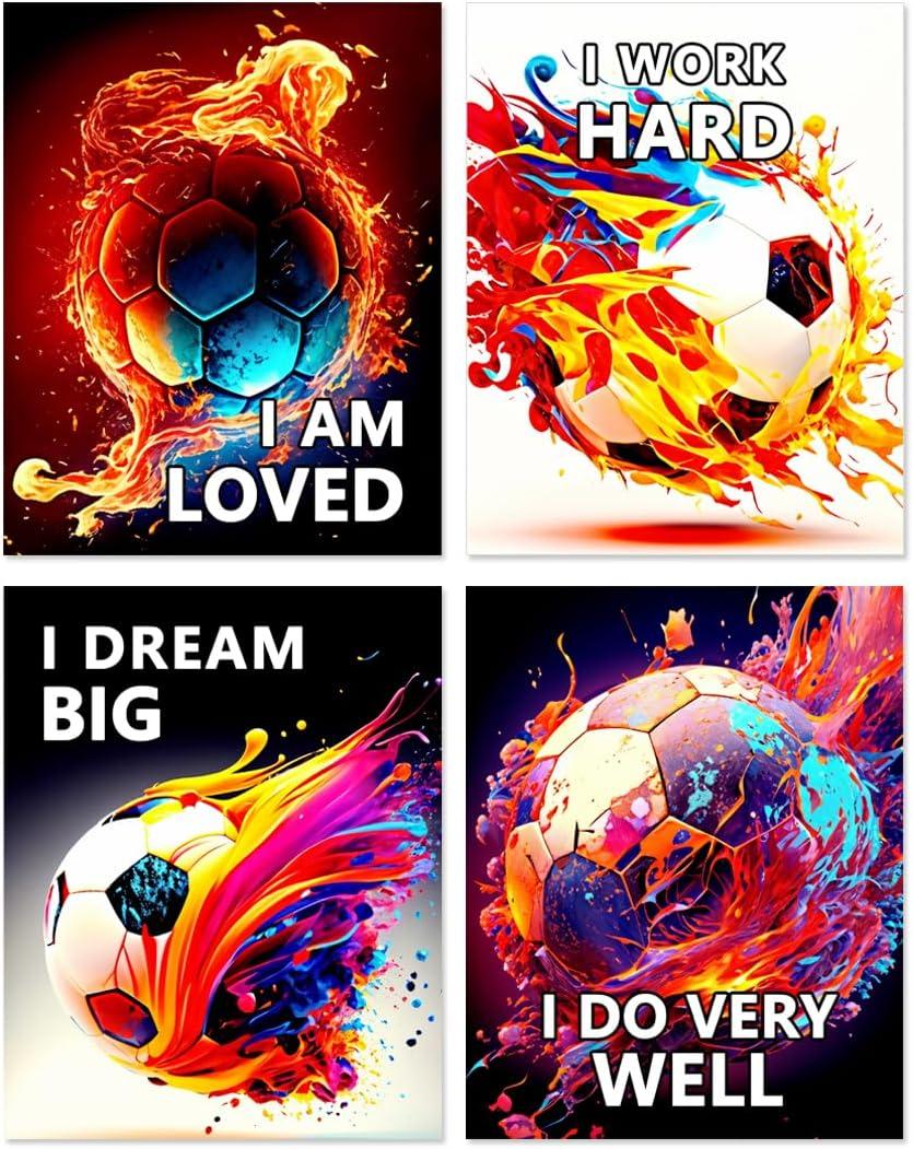 Soccer Wall Art Prints Football Art Posters Boys Bedroom Wall Decor,Inspirational Sports Decorations Set of 4 (8x10inch,Frameless).