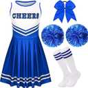 JcHrmers Girls Cheerleader Costume Set Include Dress, Hair Bow, Pom Poms and Socks for Halloween Party Dress Up (10-12 Years, Blue)