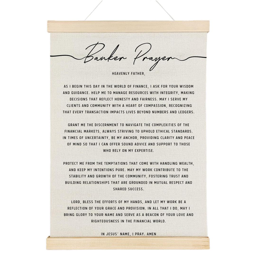 Nrleey Banker Prayer Wall Decor with Wooden Poster Hanger - Banking Office Decor, Christian Banker Wall Art Posters for Office Home, 12x16 Inch