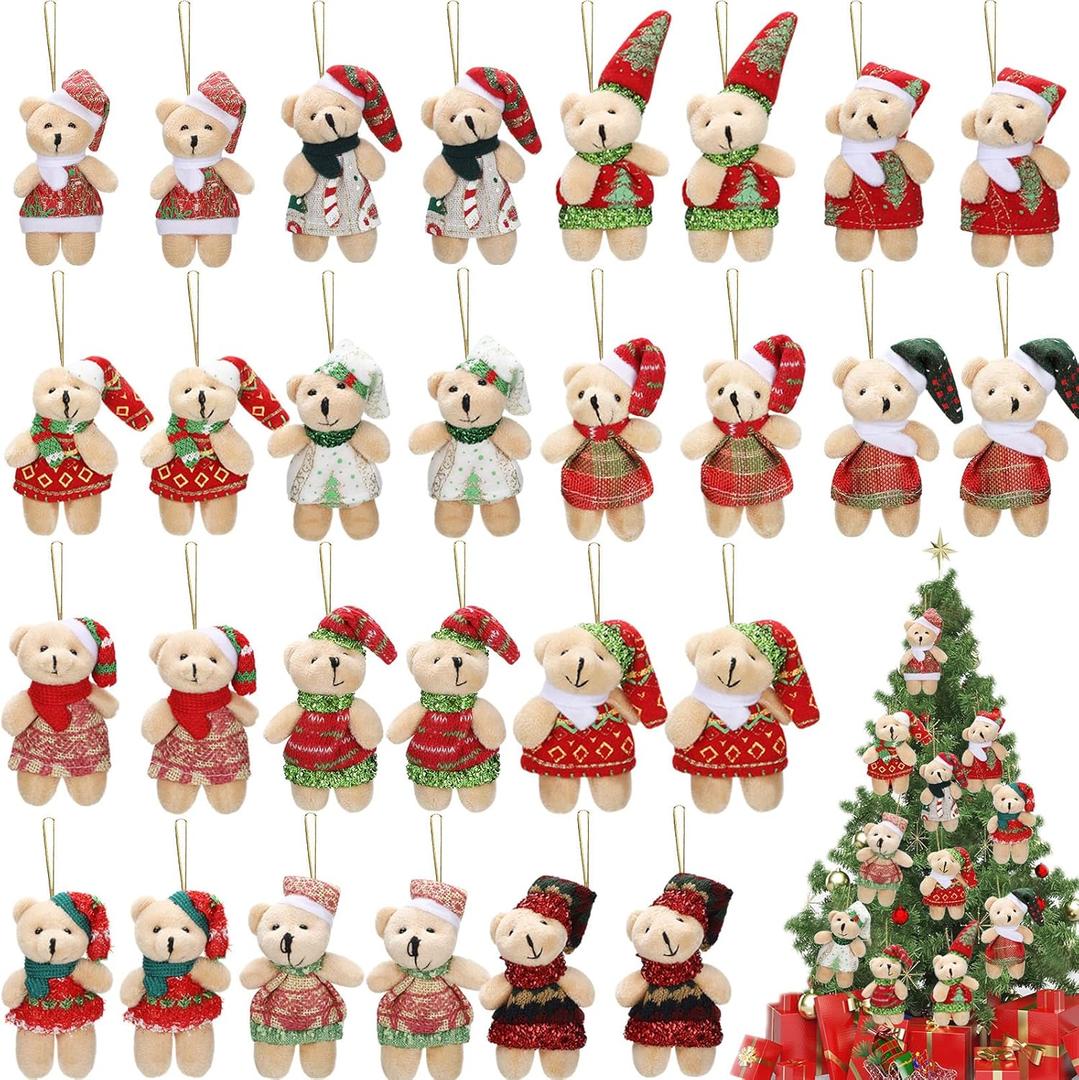28 Pieces 3 Inches Christmas Stuffed Animal Toys Small Animal Plush Key Chain Plush Animal Toy Set for Christmas Tree Decorations, Stocking Stuffing, Party Gifts (Plaid Style)