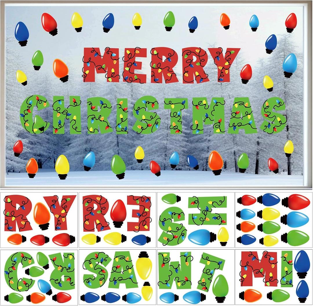 2 x Christmas Bulb Light Window Clings - Winter Car Refrigerator Decorations Stickers for Holiday Xmas Home Kitchen Living Room - Door Window Seasons Decals