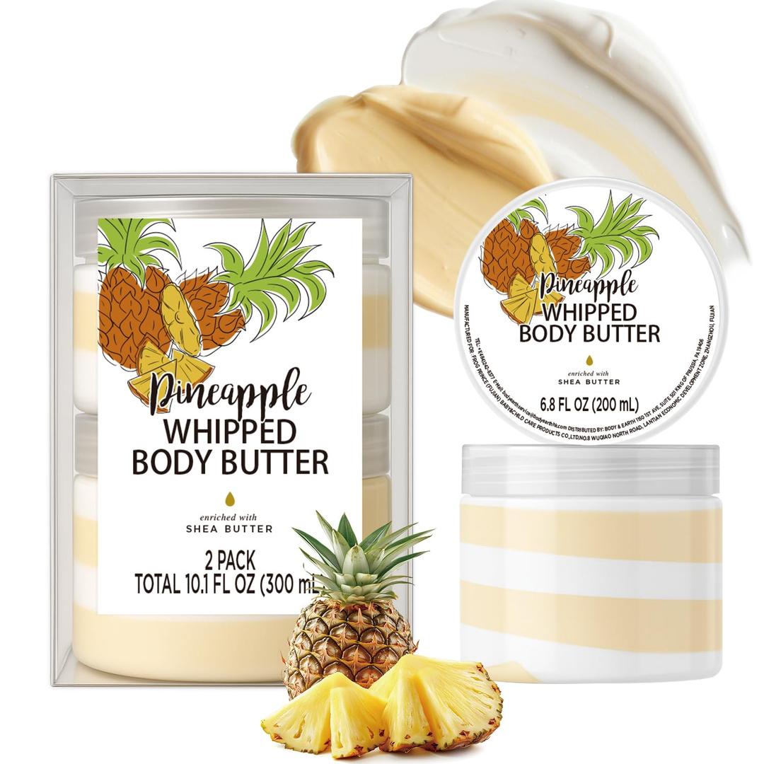 Pineapple Whipped Body Butter, Shea Body Butter for Women Dry Skin, Natural Pineapple Lotion for Body Moisturizer-Deep Moisturizing and Softening-3.4 floz+6.8 floz(100ml+200ml)