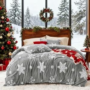 Bedsure Fluffy Christmas Duvet Cover Set - Ultra Soft Plush Shaggy Comforter Cover Twin Size, Warm Flannel Fleece Bed Sets for Winter, 2 Pieces, Snowflake Pattern, Grey (Twin (68" x 90"))