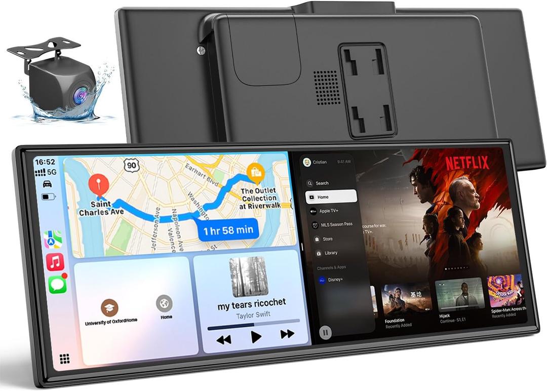 Carplay Screen for Car with Netflix/ YouTube, True 10.26'' Wireless Apple CarPlay & Android Auto Touchscreen with 1080P Backup Camera, Apple Car Play, Built-in Apps, Split-Screen, Dual WiFi, GPS, Siri