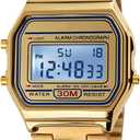 PASOY Men's Digital Gold Stainless Steel Watch Backlit Multifunction Stopwatch Waterproof Sport Watches