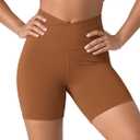 ODODOS Women's Crossover Yoga Shorts with Back Pocket, 6" Buttery Soft V High Waist Lounge Biker Shorts, Caramel, X-Small (XS)