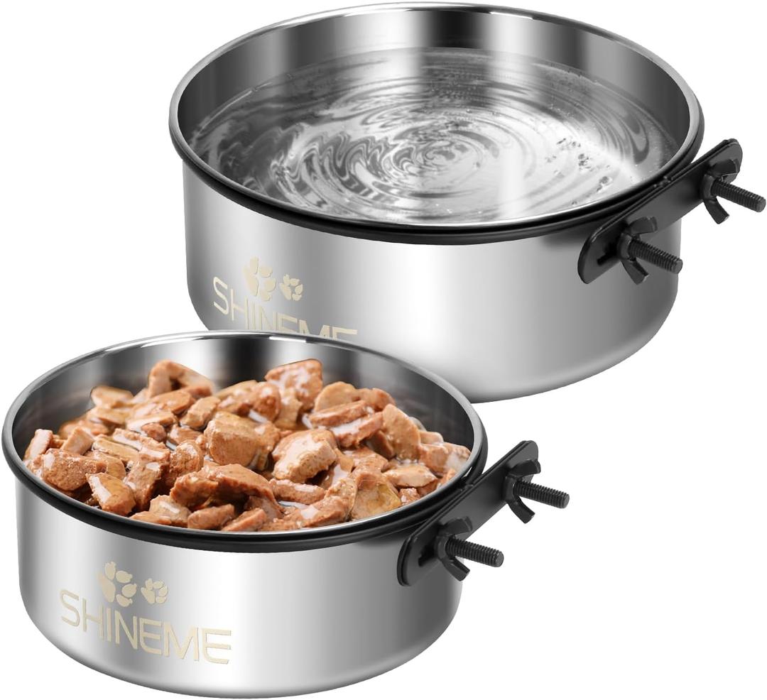 Dog Kennel Bowls for Crates, ShineMe 54oz & 34oz Dog Food Bowl and Crate Water Bowl No Spill, Stainless Steel Dogs Bowls Mountable 2 Pack, Silver (7.1x2.9 & 6.2x2.6)