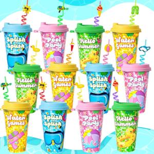 24 Pack Pool Summer Party Favors Cups with Straws and Lids, Reusable Plastic Summer Cups for Kids, Hawaiian Luau Beach Birthday Themed Drinkware Decorations Supplies, Large