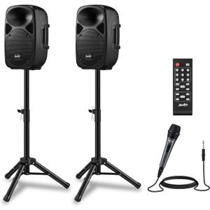 Moukey MPA80 PA System, 8 Inch Active & Passive Powered Rechargeable PA Speakers, 600W Peak Power, with 2 Tripod Stands, Wired Microphone, Remote Control, Support BT/USB/TF/FM/AUX