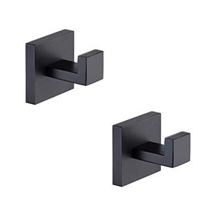 Bath Towel Hooks Matte Black, 2 Pack Stainless Steel Robe Coat and Clothes Hook, Heavy Duty Wall Hook for Bathroom & Kitchen, Modern Square Style Wall Mounted (Black)
