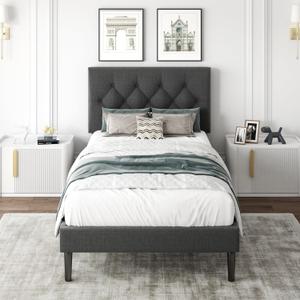 CXVX Twin Size Platform Bed Frame with Upholstered Headboard, Button Tufted Design, Strong Wooden Slats, No Box Spring Needed, Easy Assembly, Noise Free