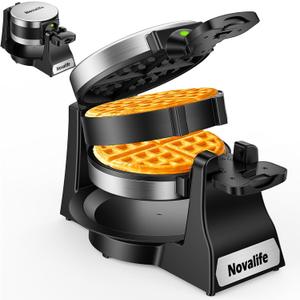 Waffle Maker, 1400W Belgian Waffle Maker, Double Waffle Iron 180 Flip, 8 Slices, Rotating & Nonstick Plates, Removable Drip Tray Easy to Clean, Locking Buckle & Cool Touch Handle, Stainless Steel (Black)
