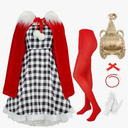 7Pack Christmas Red Costume Kids Girls Christmas Dress with Wig Long Blonde Braid with Red Beads Necklace Bow, Size 140