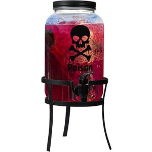 1 Gallon Glass Beverage Dispenser with Metal Stand Stainless Steel Spigot Outdoor Drink Dispenser Glass Drink Container Dispensers for Parties Lemonade Tea Cold Water(Black, Halloween)