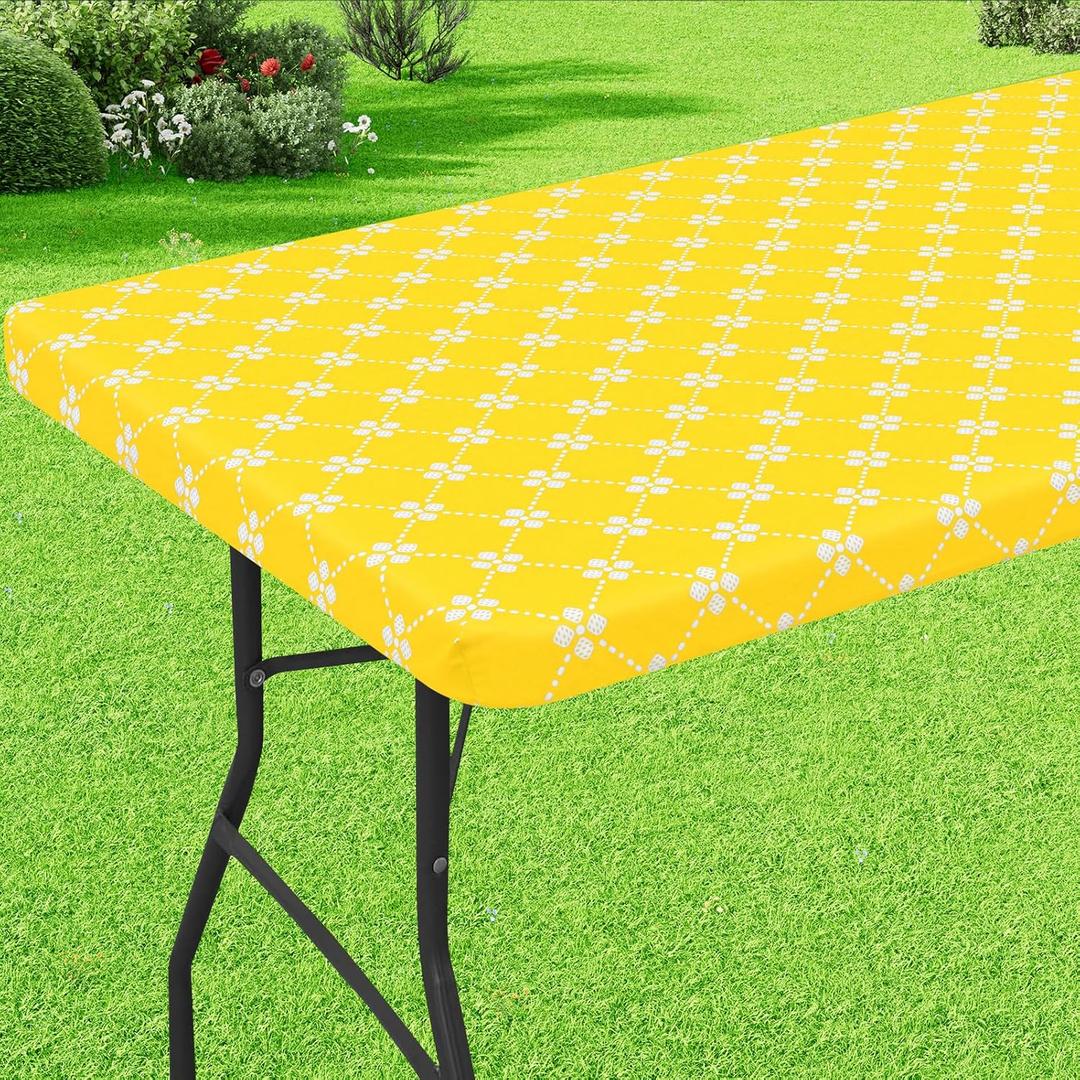 misaya Rectangle Vinyl Table Cloth, Elastic Fitted Tablecloth with Flannel Backing, Waterproof Plastic Table Cover Fits 4 Foot Folding Tables for Picnic, Camping and Outdoor (Yellow, 30" x 48")