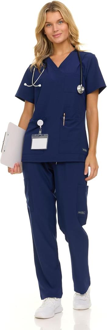 Nautica Women's Scrub Set, 9-Pocket Breathable & Stretchy Pants & Tops (Medium, Navy)