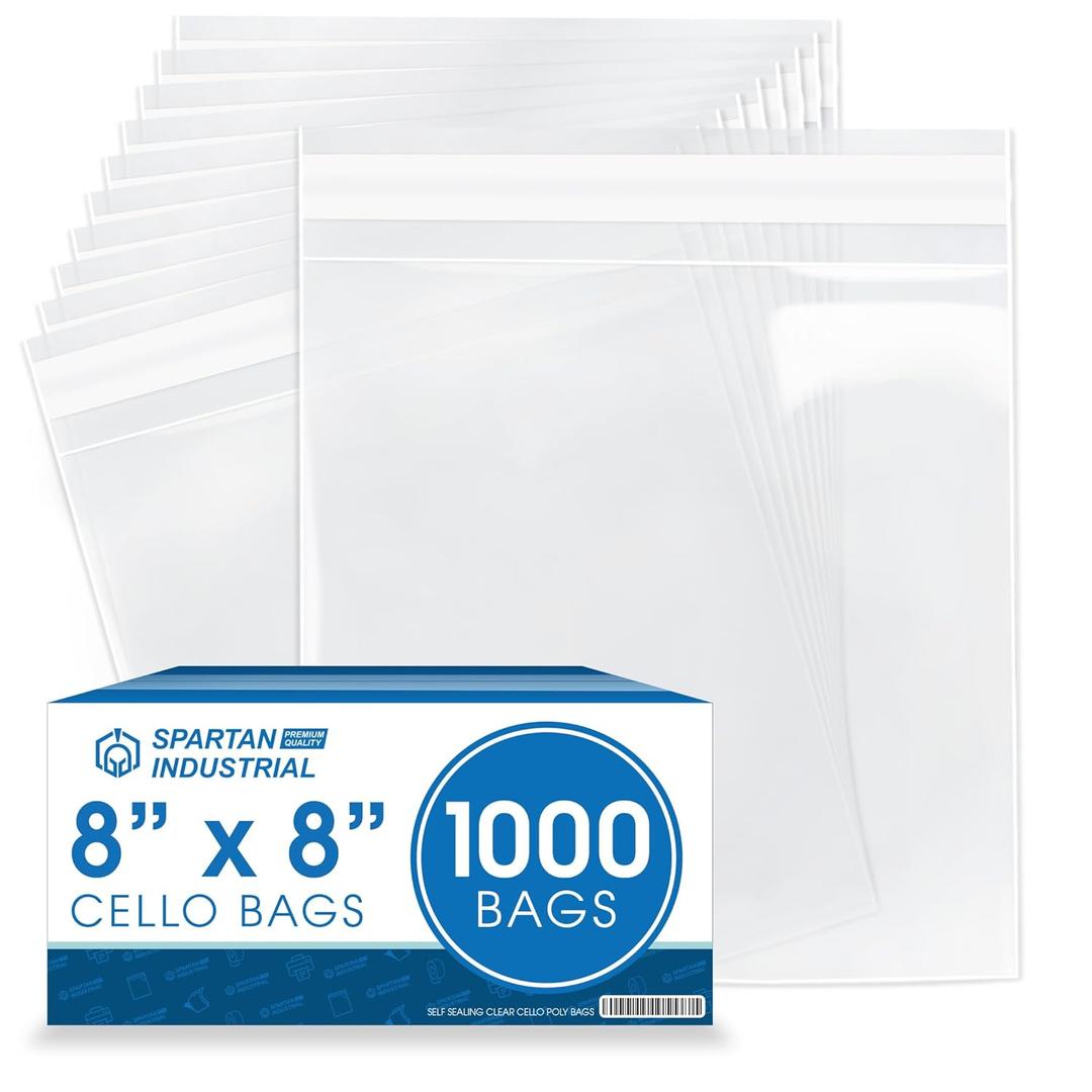 Spartan Industrial - 8" X 8" (1000 Count) Crystal Clear Resealable Cello Poly Bags for Packaging Prints & Photos - Self Seal