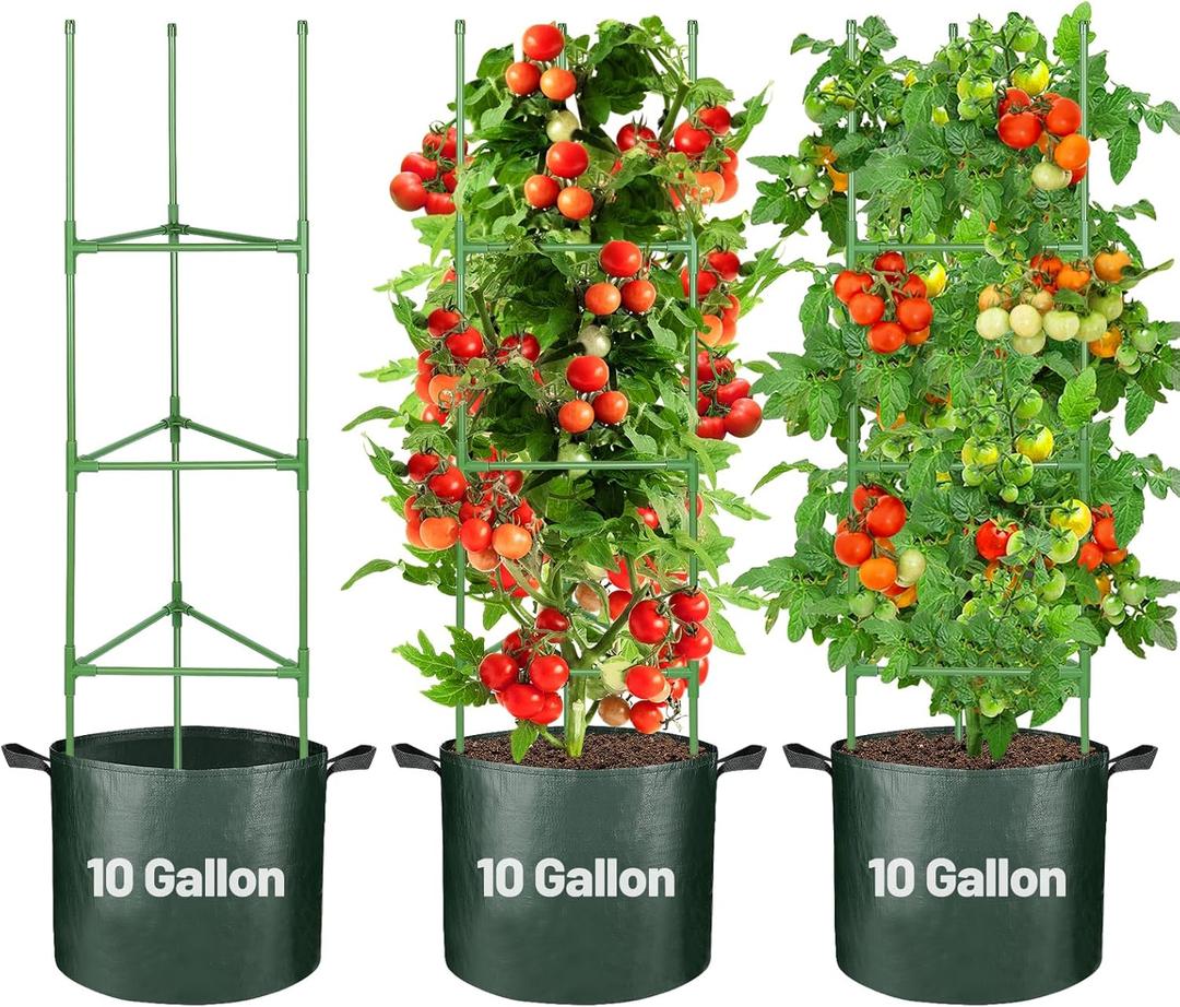 45in Tomato Cages with 10 Gallon Grow Bags - Easy Assembly Tomato Plant Support Trellis with Sturdy Planter Pots for Vertical Climbing Plants Flowers Vegetables, 3 Pack